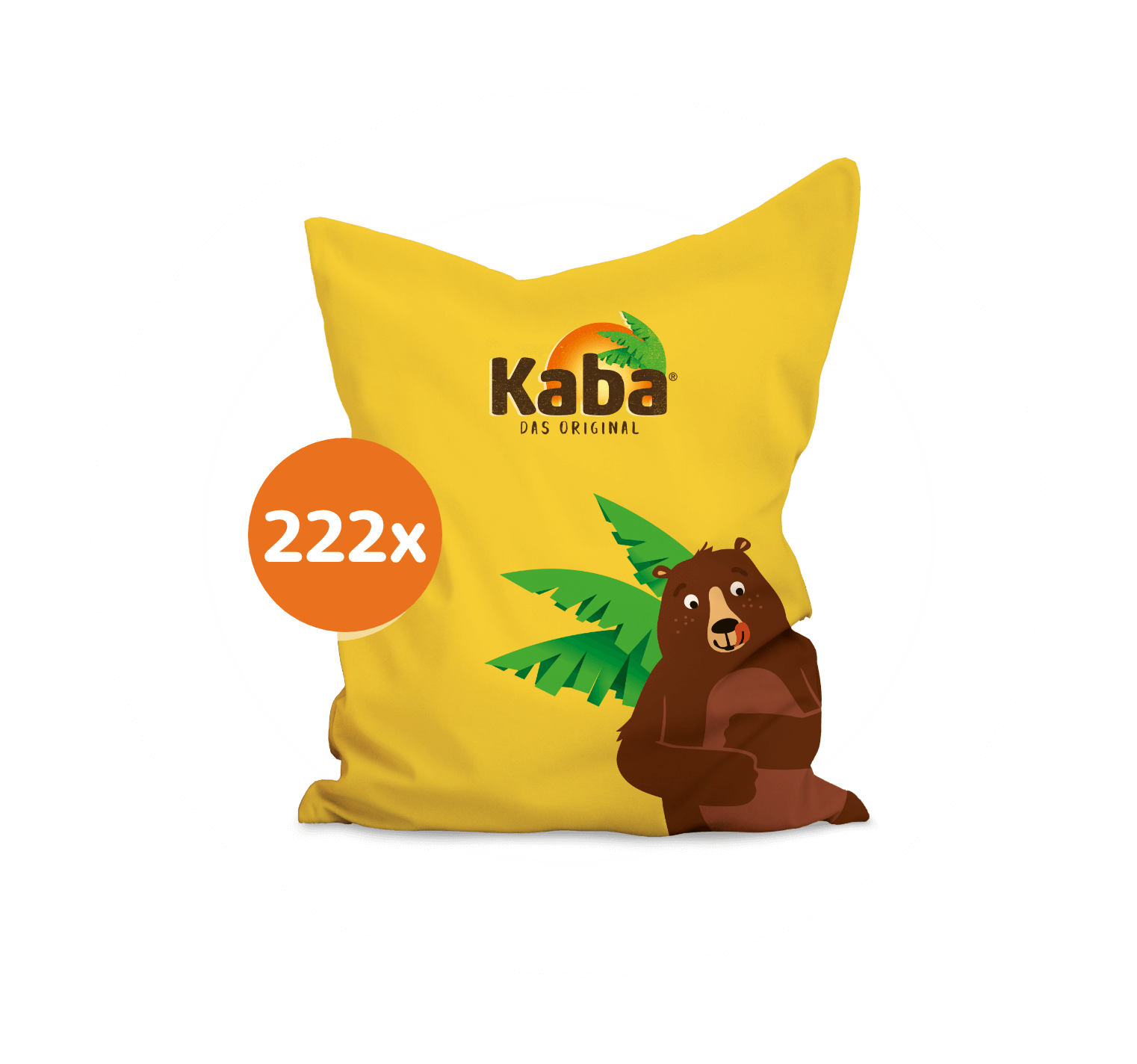 Gewinnabbildung 222-mal Kaba Sitzsack.
                                    Großer, rechteckiger Sitzsack in Gelb mit Kaba-Logo oben und brauner Kaba Bär im rechten unteren Bereich mit drei grünen Palmenblättern. Abbildung ähnlich.